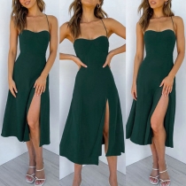 Sexy Backless Slit Hem High Waist Solid Color Sling Dress