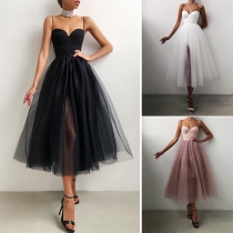 Sexy Backless High Waist Gauze Spliced Hem Solid Color Sling Party Dress