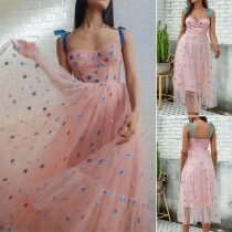 Sexy Backless High Waist Sequin Spliced Sling Gauze Dress