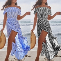Sexy Off-shoulder Boat Neck High Waist Slit Hem Striped Dress