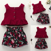 Fashion Sleeveless Ruffle Hem Top + High Waist Printed Shorts Children Set