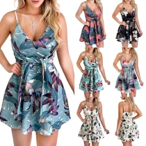 Sexy Backless V-neck High Waist Printed Sling Dress