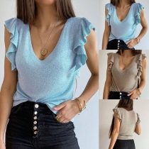 Sexy V-neck Lotus Sleeve Solid Color Slim Fit Knit Top