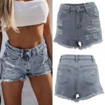 Fashion High Waist Slim Fit Ripped Denim Shorts