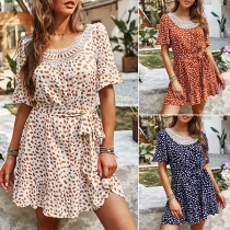 Fresh Style Short Sleeve Round Neck Ruffle Hem Lace Spliced Printed Dress