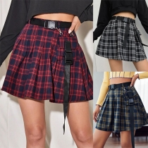 Fashion High Waist Pleated Hem Plaid Skirt with Waistband & Decorative Pocket