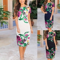 Fashion Short Sleeve Round Neck Slim Fit Printed Dress