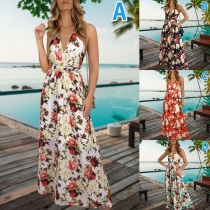 Sexy Backless V-neck High Waist Printed Sling Maxi Dress