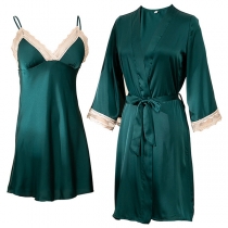 Sexy Backless V-neck Lace Spliced Sling Nightwear Dress + Robe Two-piece Set