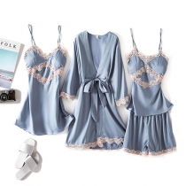 Sexy Backless Solid Color Lace Spliced Nightwear Four-piece Set