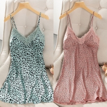 Sexy Backless V-neck Lace Spliced Leopard Printed Sling Nightwear Dress