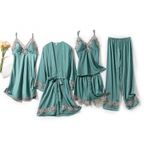 Sexy Solid Color Lace Spliced Nightwear Set Five-piece Set