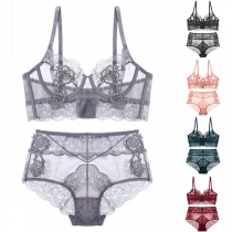 Sexy Solid Color High Waist Ultra-thin See-through Lace Bra Set