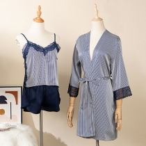 Sexy Backless V-neck Lace Spliced Sling Stripe Top + Shorts + Robe Nightwear Three-piece Set