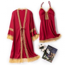Sexy Thin Long Sleeve Lace Spliced Robe + Backless V-neck Sling Nightdress Two Piece Set