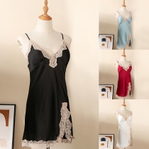 Sexy Backless V-neck Slit Hem Lace Spliced Sling Nightwear Dress