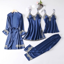Sexy Solid Color Ultra-thin Nightwear Four-piece Set
