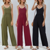 Sexy Backless V-neck High Waist Solid Color Women's Sling Jumpsuit