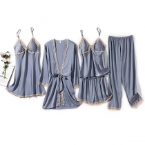 Sexy Solid Color Lace Spliced Nightwear Home-wear Set Five-piece Set