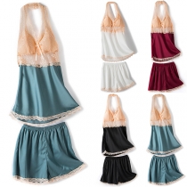 Sexy Backless Lace Spliced Halter Top + Shorts Nightwear Set