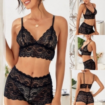 Sexy Backless V-neck High Waist Solid Color Lace Underwear Lingerie Set