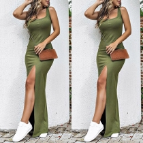 Sexy Slit Hem Sleeveless U-neck Solid Color Maxi Dress