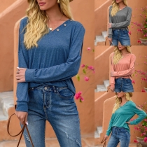Fashion Solid Color Hollow Out Long Sleeve V-neck T-shirt