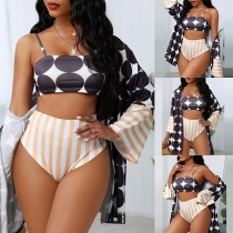 Sexy Dots Printed Bandeau Top + High Waist Striped Briefs + Sunscreen Cardigan Three-piece Set