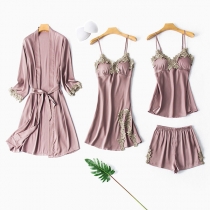 Sexy Backless V-neck Lace Spliced Solid Color Nightwear Four-piece Set