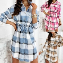 OL Style Long Sleeve POLO Collar Drawstring Waist Plaid Shirt Dress