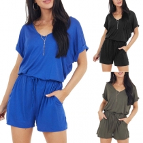 Fashion Solid Color Short Sleeve Round Neck Drawstring Waist Romper