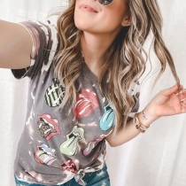 Playful Style Short Sleeve Round Neck Tongue Printed T-shirt