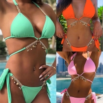 Sexy Rhinestone Inlaid Solid Color Lace-up Halter Bikini Set