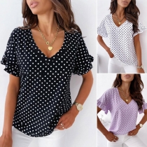 Casual Style Lotus Sleeve V-neck Dots Printed Top