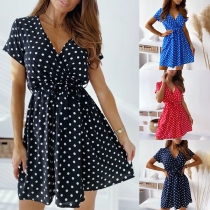 Sexy V-neck Short Sleeve High Waist Lace-up Dots Printed Dress