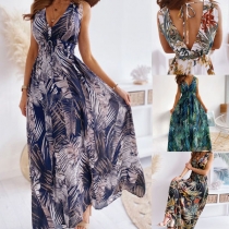 Sexy Backless V-neck High Waist Sleeveless Printed Maxi Dress