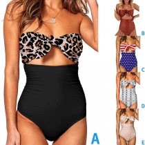 Sexy Backless Hollow Out High Waist Knotted Printed One-piece Swimsuit