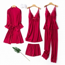 Sexy Solid Color Lace Spliced Ultra-thin Nightwear Set Five-piece Set
