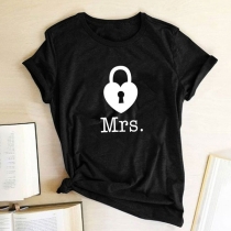 Fashion Short Sleeve Round Neck Lock & Key Printed Couple T-shirt