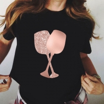 Chic stil kortärmad rund hals T-shirt med vinmönster och tryck