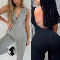 Sexy U-shape Backless Round Neck Sleeveless High Waist Solid Color Slim Fit Jumpsuit