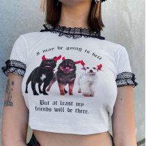 Fashion Lace Spliced Short Sleeve Round Neck Puppy Printed Crop Top