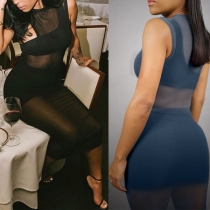 Sexy One-shoulder Sleeveless Crop Top + Skirt + Gauze Dress Three-piece Set