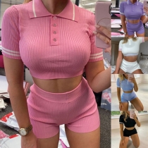 Sexy Short Sleeve POLO Collar Crop Top + High Waist Shorts Two-piece Set