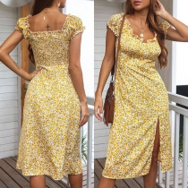 Fresh Style Short Sleeve Square Collar Slit Hem Slim Fit Printed Dress