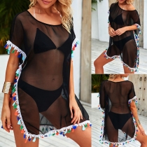 Sexy Colorful Tassel Spliced See-through Gauze Sunscreen Bikini Smock