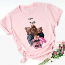 Simple Cartoon Figure Printed Short Sleeve Round Neck Super Mom T-shirt
