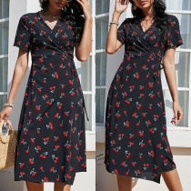 Sexy V-neck Short Sleeve High Waist Cherry Printed Dress