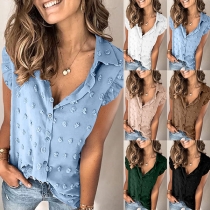 Sweet Style Ruffle Cuff POLO Collar Solid Color Embroidery Shirt