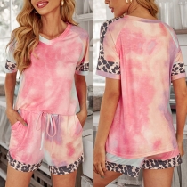 Fashion Leopard Spliced Tie-dye Printed V-neck T-shirt + Shorts Home-wear Set